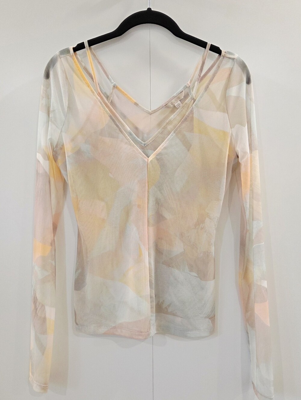 Guess Sheer Mesh Layered-Look Top Small Abstract Print Long Sleeve